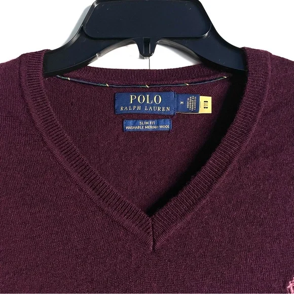 Polo Ralph Lauren Washable Wool Slim Fit V-Neck Sweater in Wine Size M EUC - Picture 7 of 16